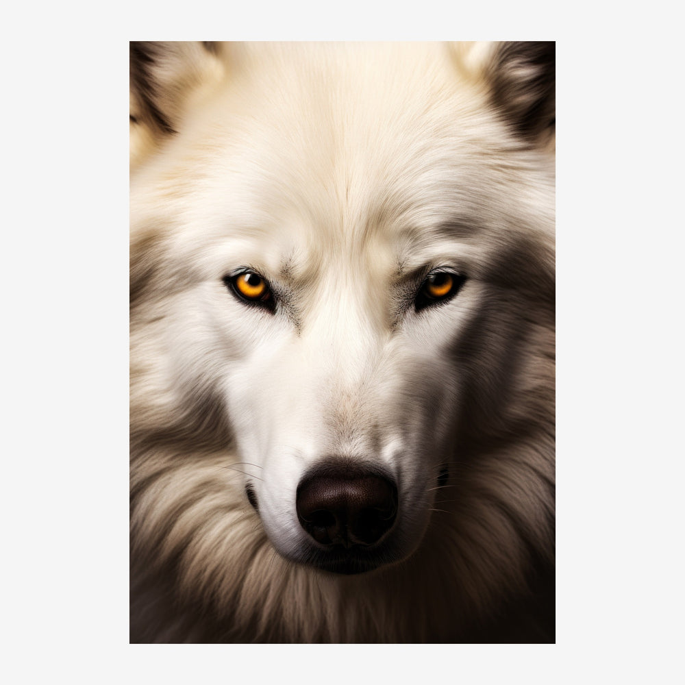 Portrait rapproché d'un loup blanc face caméra, aux yeux dorés intenses et au pelage beige, sur fond neutre.