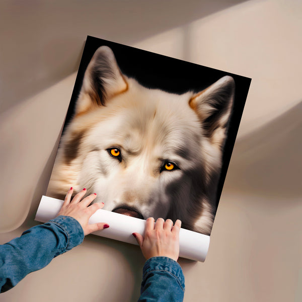 Loup aux yeux ambrés, portrait noir et blanc — Poster HP mat