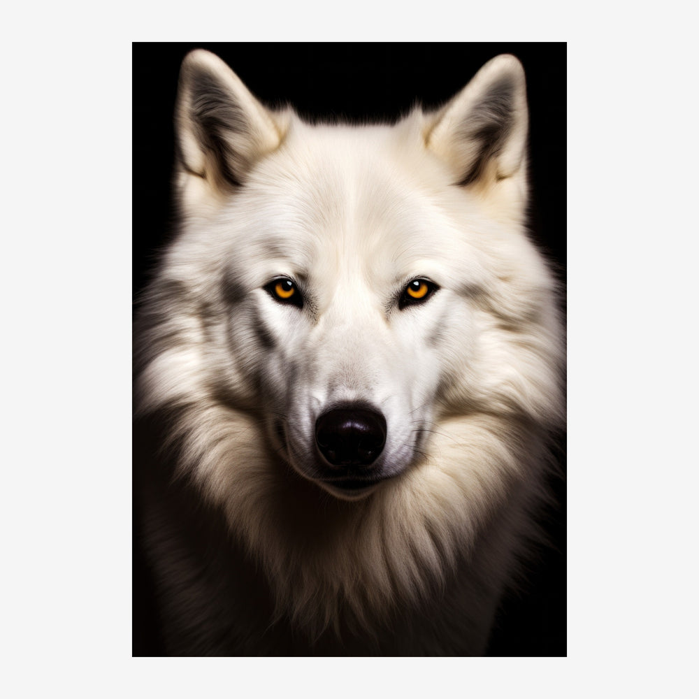 Portrait frontal d'un loup blanc au pelage fourni, regard fixe aux yeux dorés, sur fond noir.