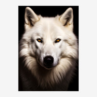Portrait frontal d'un loup blanc au pelage fourni, regard fixe aux yeux dorés, sur fond noir.