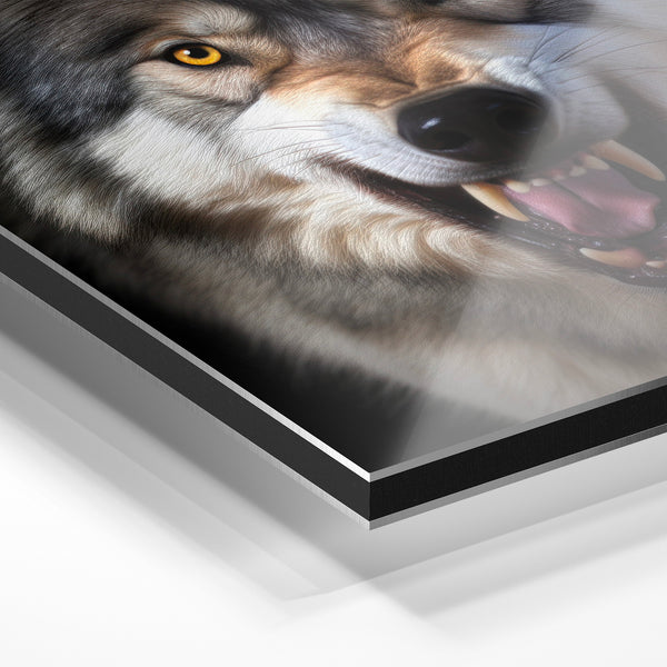Portrait de loup noir et gris aux yeux dorés — Aluminium Dibond relief 3D