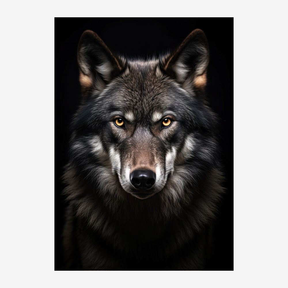 Portrait frontal d'un loup aux yeux dorés brillants, fourrure gris foncé et noire sur fond noir, regardant directement vers.