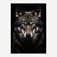 Portrait frontal d'un loup aux yeux dorés brillants, fourrure gris foncé et noire sur fond noir, regardant directement vers.