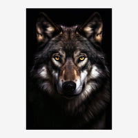 Portrait frontal d'un loup aux yeux jaune d'or, pelage noir et gris-blanc, sur fond noir.
