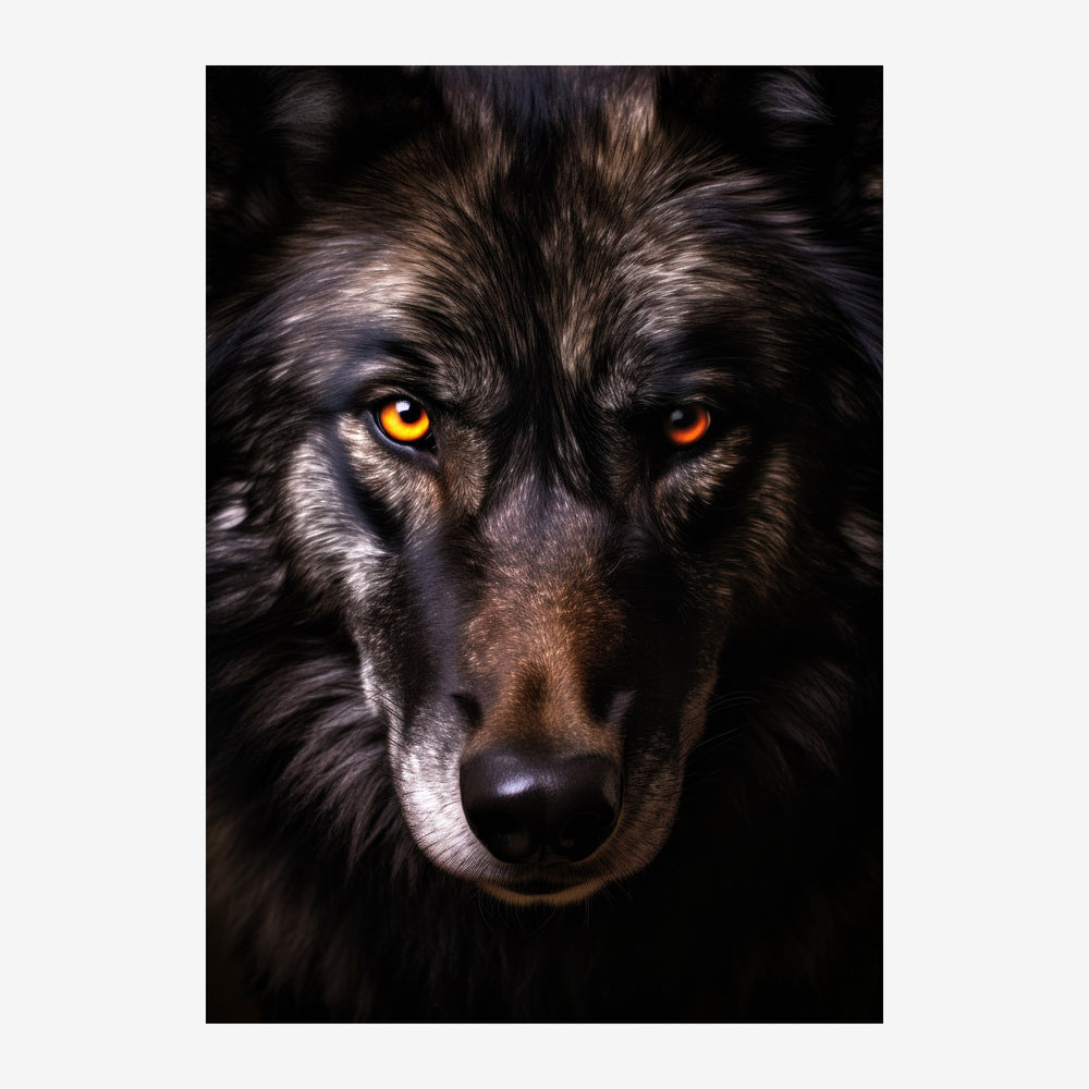 Portrait rapproché d'un loup aux pelage noir et gris, aux yeux jaune d'or intenses, sur fond noir.