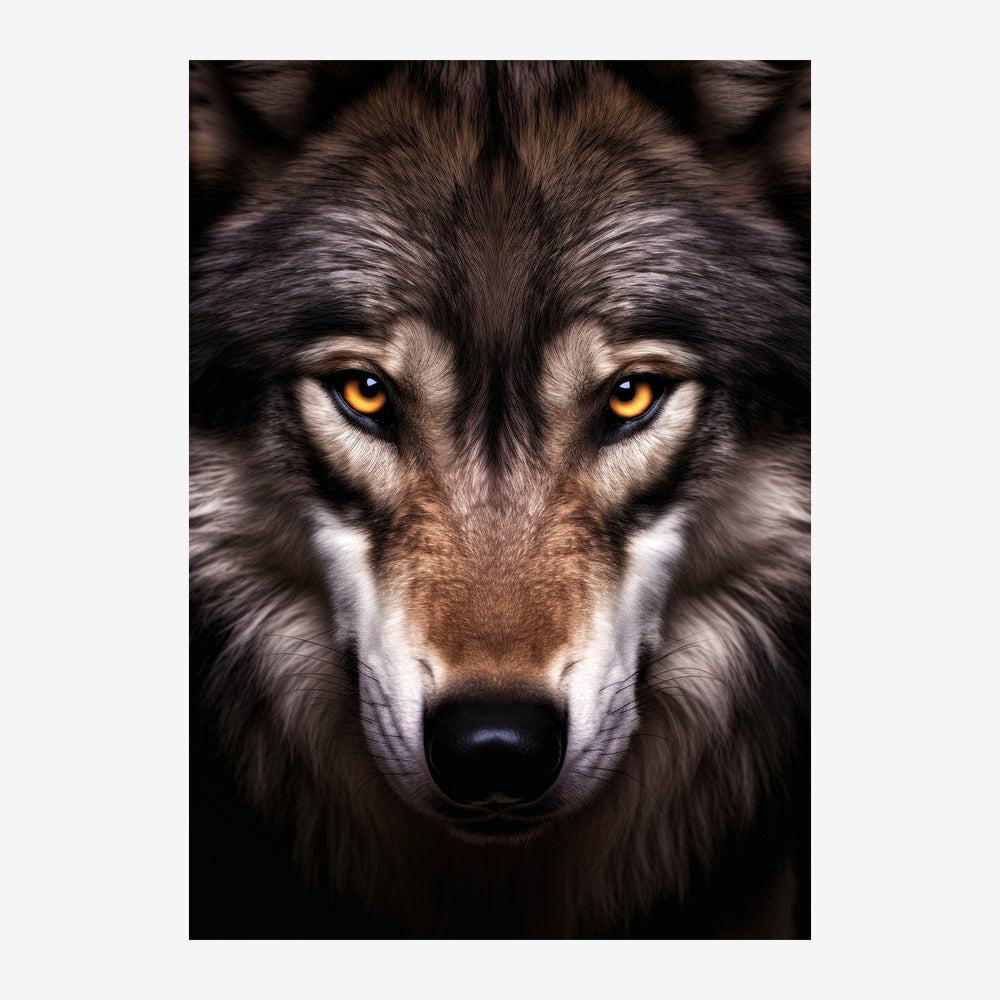 Portrait rapproché d'un loup au pelage gris et noir, les yeux dorés brillants fixant directement l'observateur sur fond.