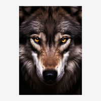 Portrait rapproché d'un loup au pelage gris et noir, les yeux dorés brillants fixant directement l'observateur sur fond.