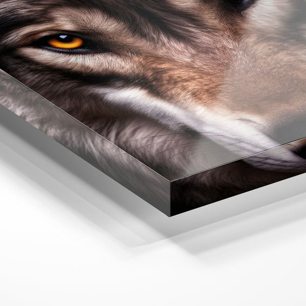 Loup aux yeux dorés, regard fixe noir et blanc — Verre acrylique