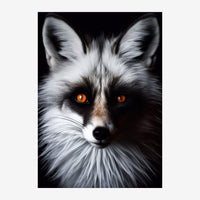 Portrait rapproché d'un renard aux yeux orange éclatants, fourrure grise et blanche sur fond noir.
