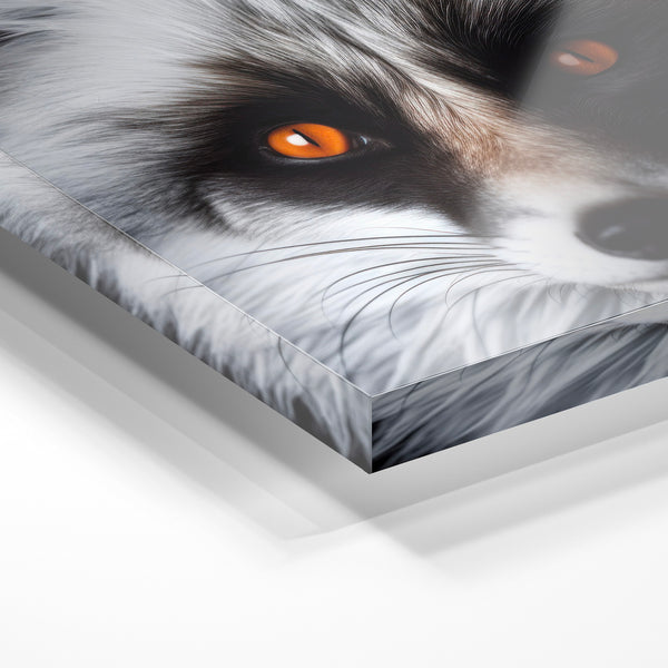 Renard noir et blanc aux yeux ambre ardents — Verre acrylique