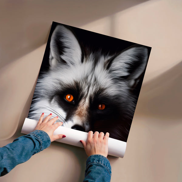 Renard noir et blanc aux yeux ambre ardents — Poster HP mat