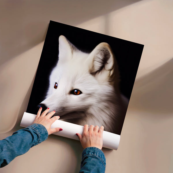 Renard blanc aux yeux d'ambre, portrait noir et blanc — Poster HP mat