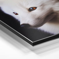Gros plan de la matière : le tirage contrecollé sur aluminium Dibond mat, tranche visible.