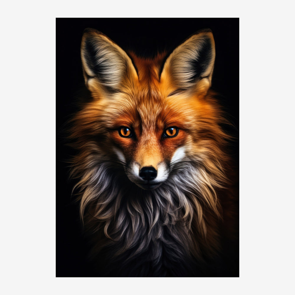 Portrait frontal d'un renard roux aux yeux dorés sur fond noir, avec une fourrure détaillée montrant les tons chauds et.