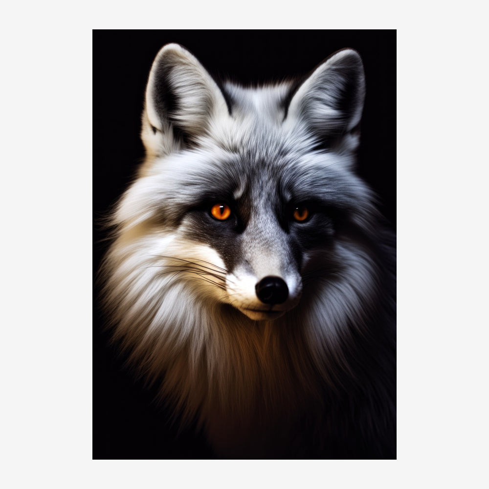 Portrait frontal d'un renard au pelage gris et blanc avec des yeux ambre brillants sur fond noir.