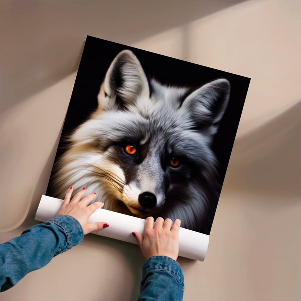 Renard aux yeux ambrés, portrait noir et blanc — Poster HP mat
