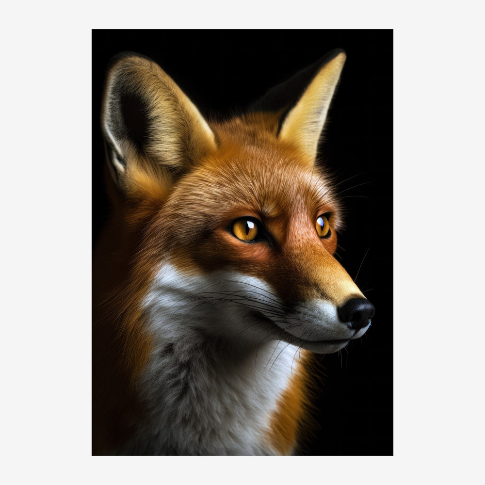 Portrait rapproché d'un renard roux avec les yeux jaune doré, tourné vers la droite sur fond noir.