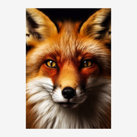 Portrait frontal d'un renard roux avec pelage roux, blanc et noir, yeux dorés intenses, sur fond noir.