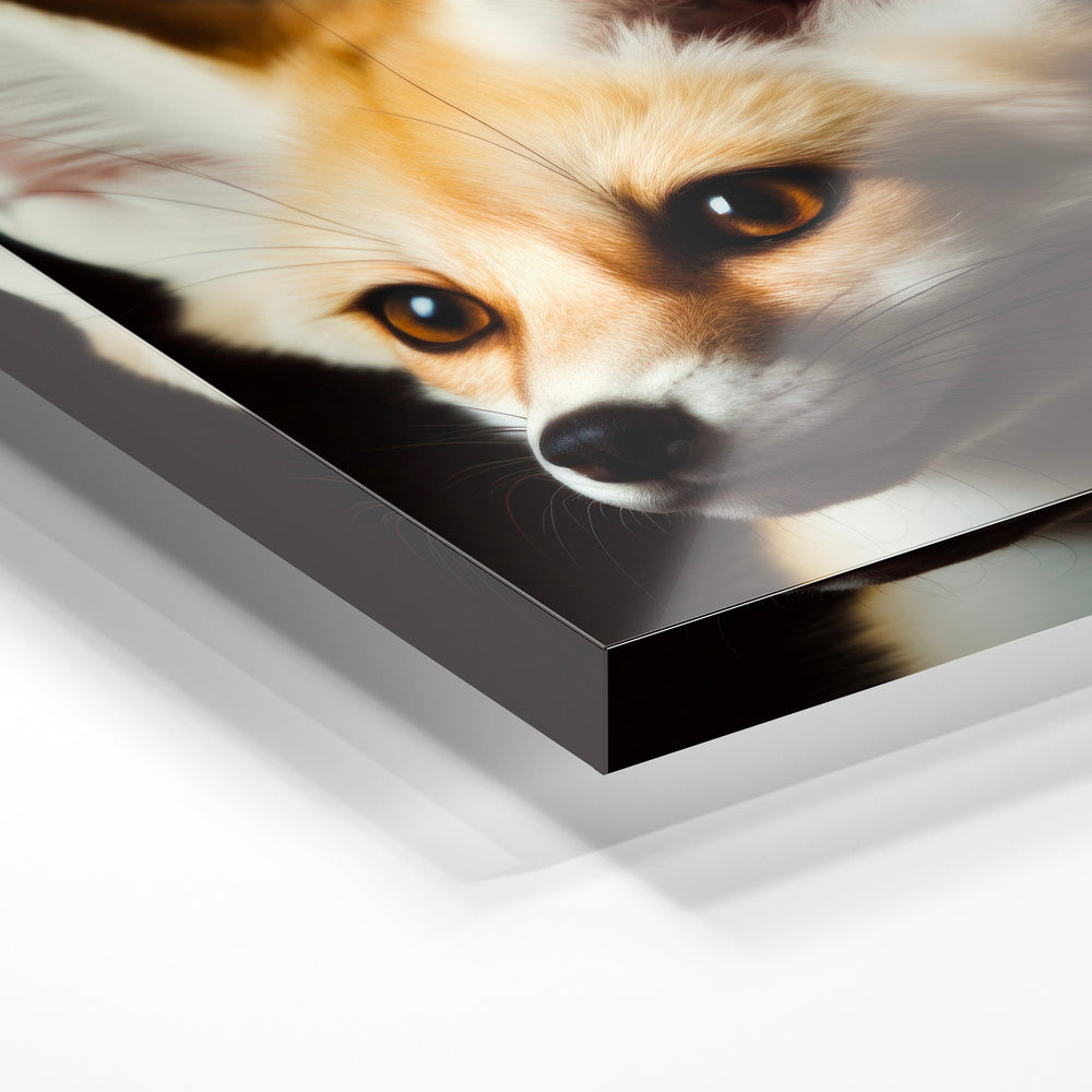 Gros plan de la matière : le tirage sous verre acrylique, tranche transparente visible.