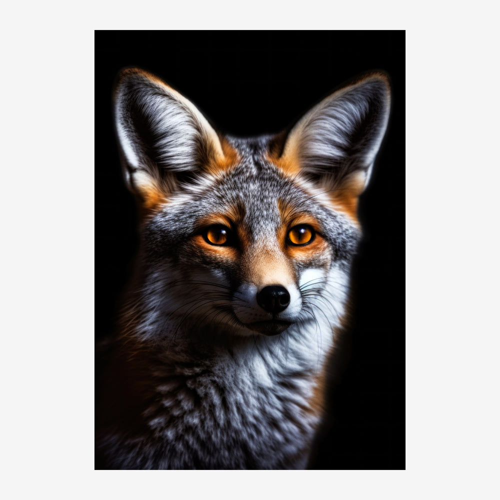 Portrait frontal d'un renard à fourrure grise, blanche et dorée sur fond noir, regard fixe aux yeux ambre.