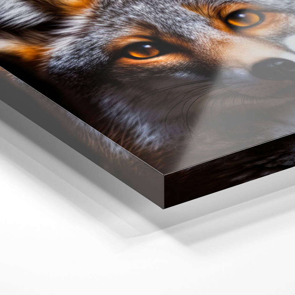 Gros plan de la matière : le tirage sous verre acrylique, tranche transparente visible.