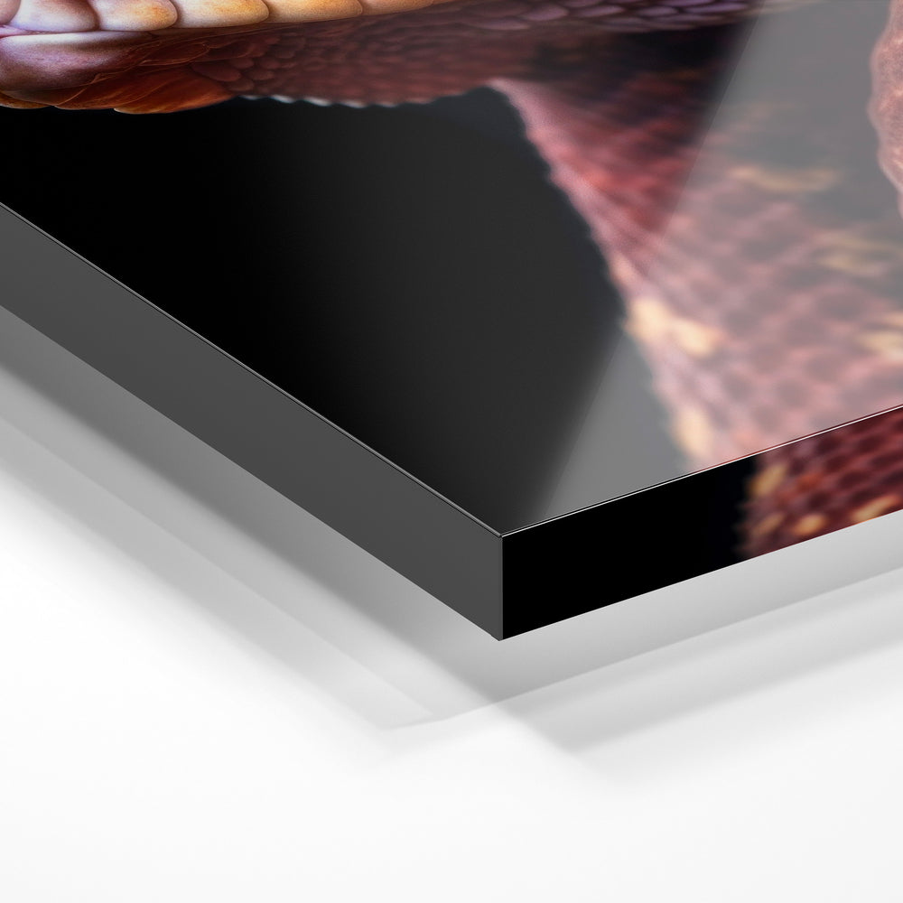 Gros plan de la matière : le tirage sous verre acrylique, tranche transparente visible.