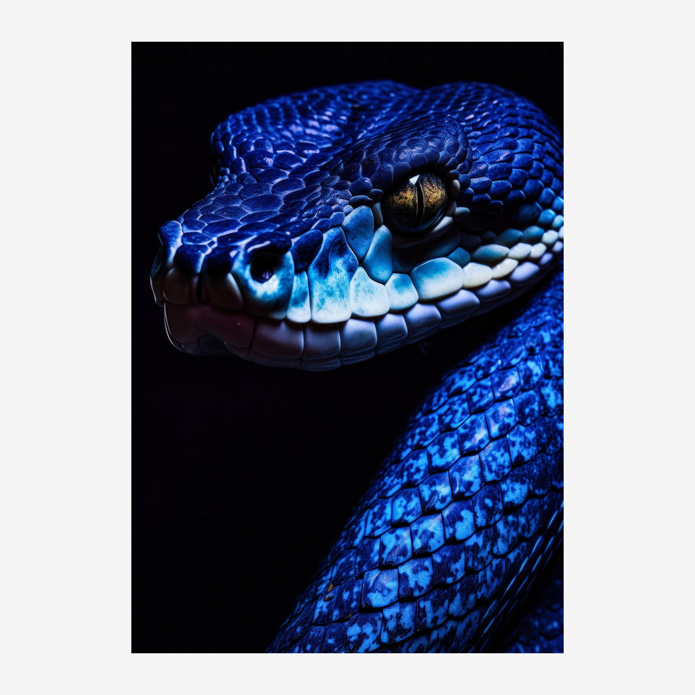 Portrait en gros plan d'un serpent bleu vif aux écailles brillantes et à l'œil doré, photographié sur un fond noir.