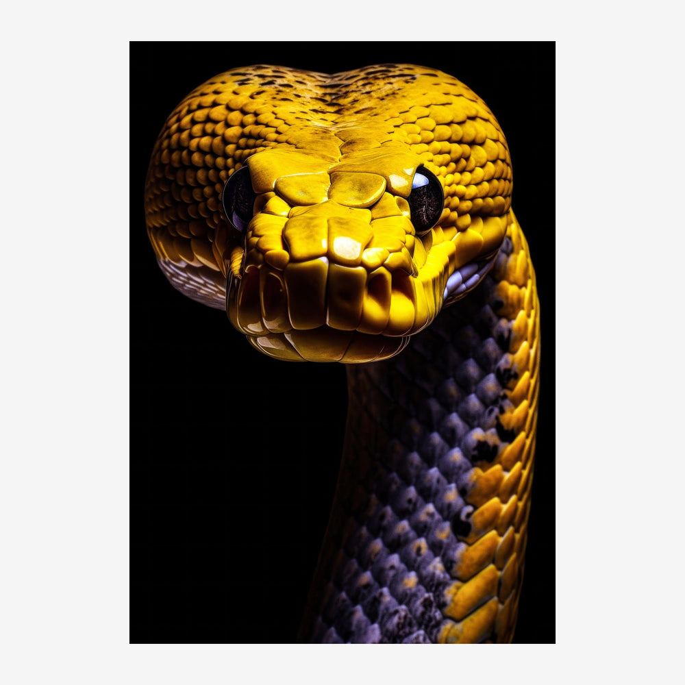Portrait rapproché d'un serpent au corps jaune doré et à la tête vue de face, aux écailles brillantes en relief, sur un fond.