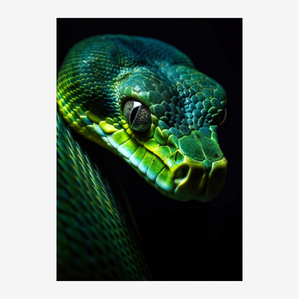 Portrait en gros plan d'un serpent aux écailles vert et jaune lumineux, sur fond noir, regardant directement l'objectif.