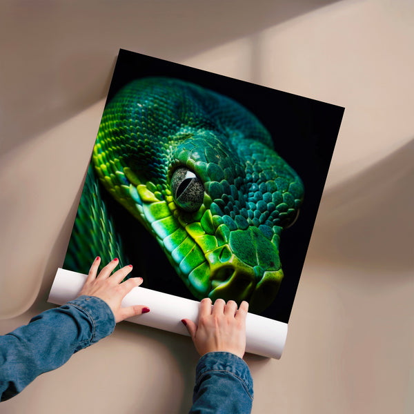 Portrait de serpent vert et noir, regard perçant — Poster HP mat