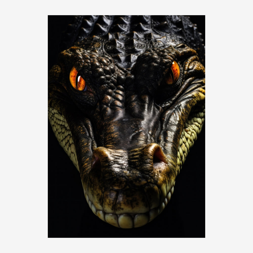 Gros plan d'un crocodile frontal avec des yeux orange brillants, écailles noires et dorées, fond noir.