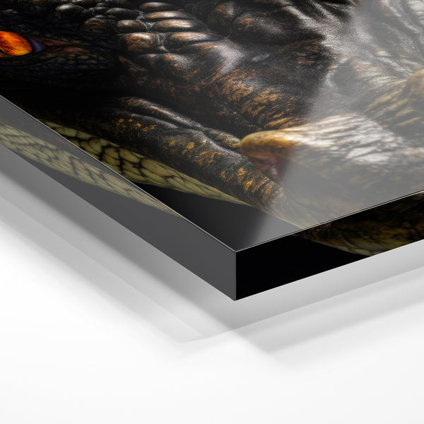 Crocodile regard fixe, portrait noir et or — Verre acrylique