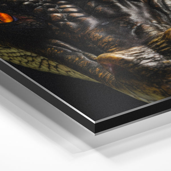 Crocodile regard fixe, portrait noir et or — Aluminium Dibond