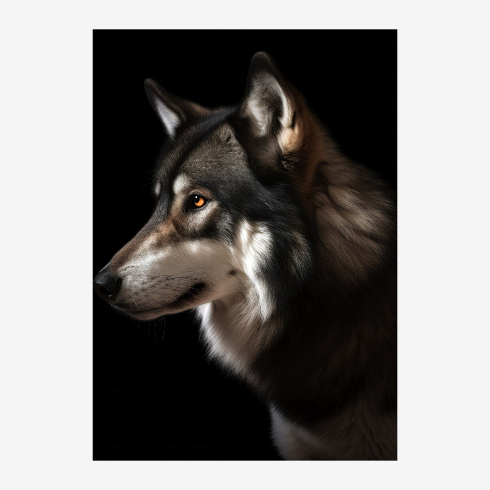 Portrait en gros plan d'un husky aux yeux ambrés, pelage noir et blanc, sur fond noir.