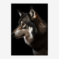 Portrait en gros plan d'un husky aux yeux ambrés, pelage noir et blanc, sur fond noir.