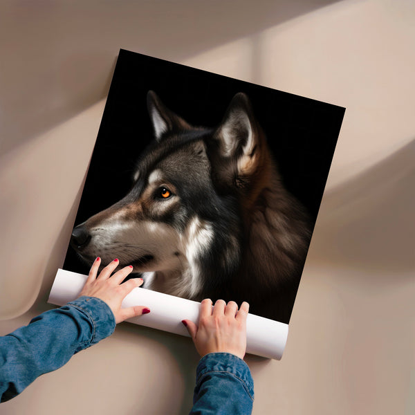 Portrait de husky noir et blanc aux yeux ambrés — Poster HP mat