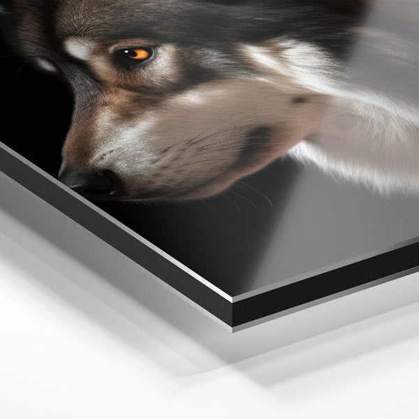 Portrait de husky noir et blanc aux yeux ambrés — Aluminium Dibond relief 3D