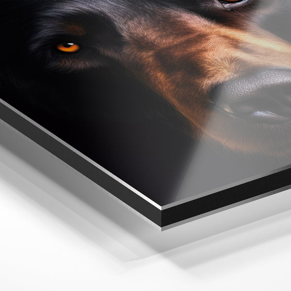 Portrait de chien noir aux yeux ambrés lumineux — Aluminium Dibond relief 3D