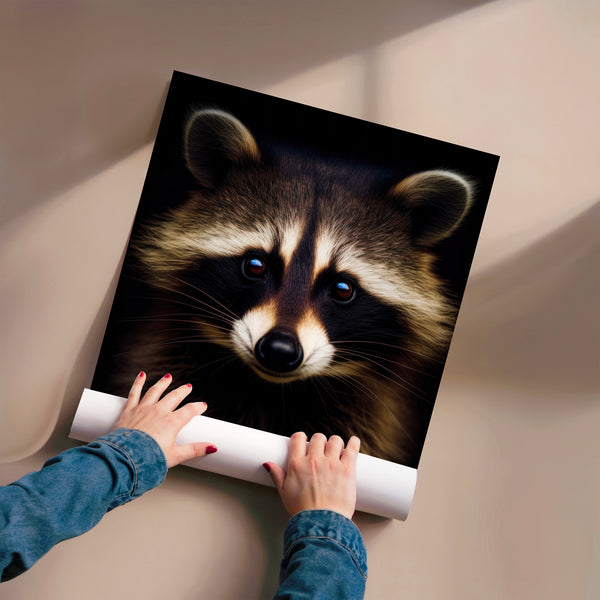 Raton laveur regard intense, noir et blanc — Poster HP mat