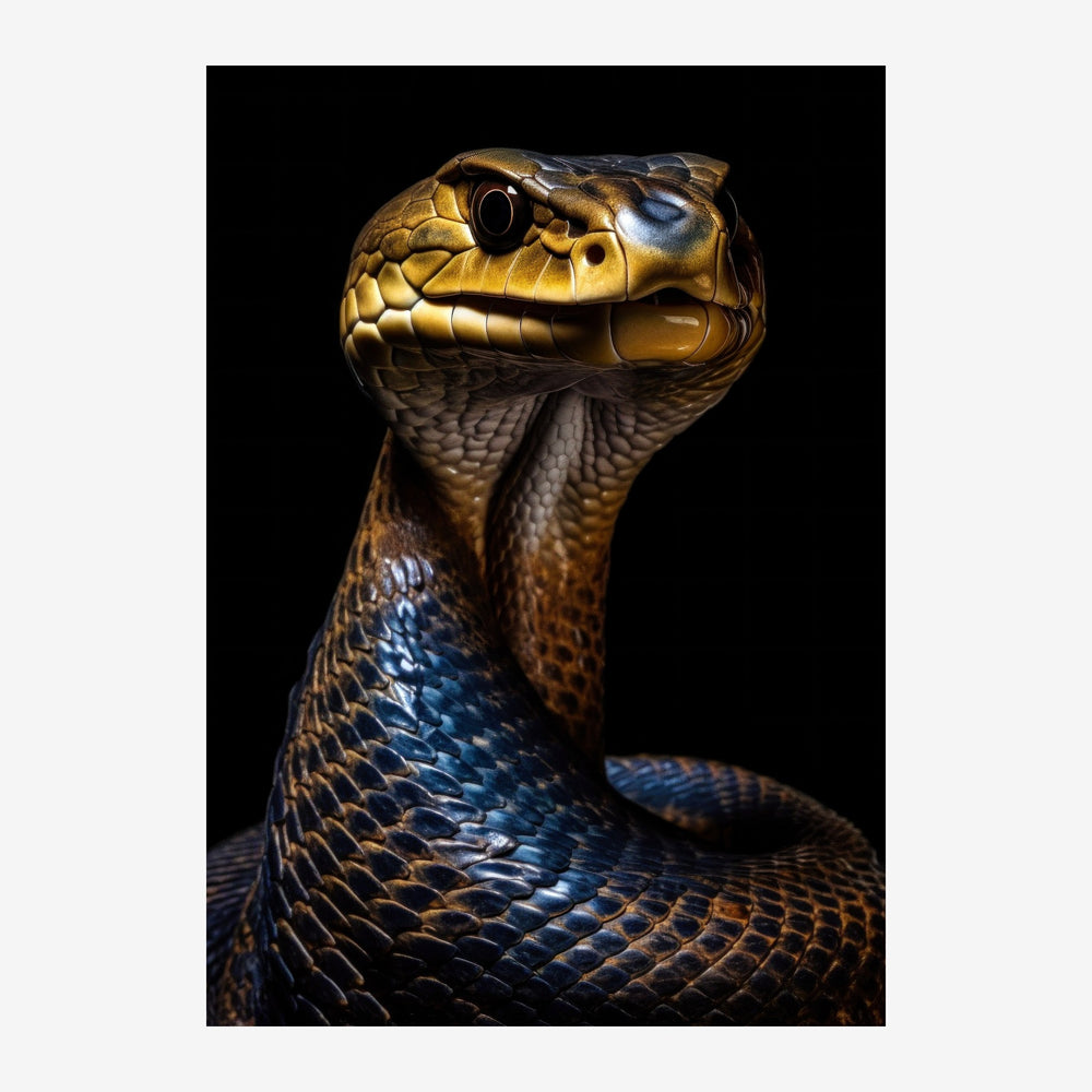 Portrait en gros plan d'un serpent à la tête dorée et écailles noires et bleues, fond noir.
