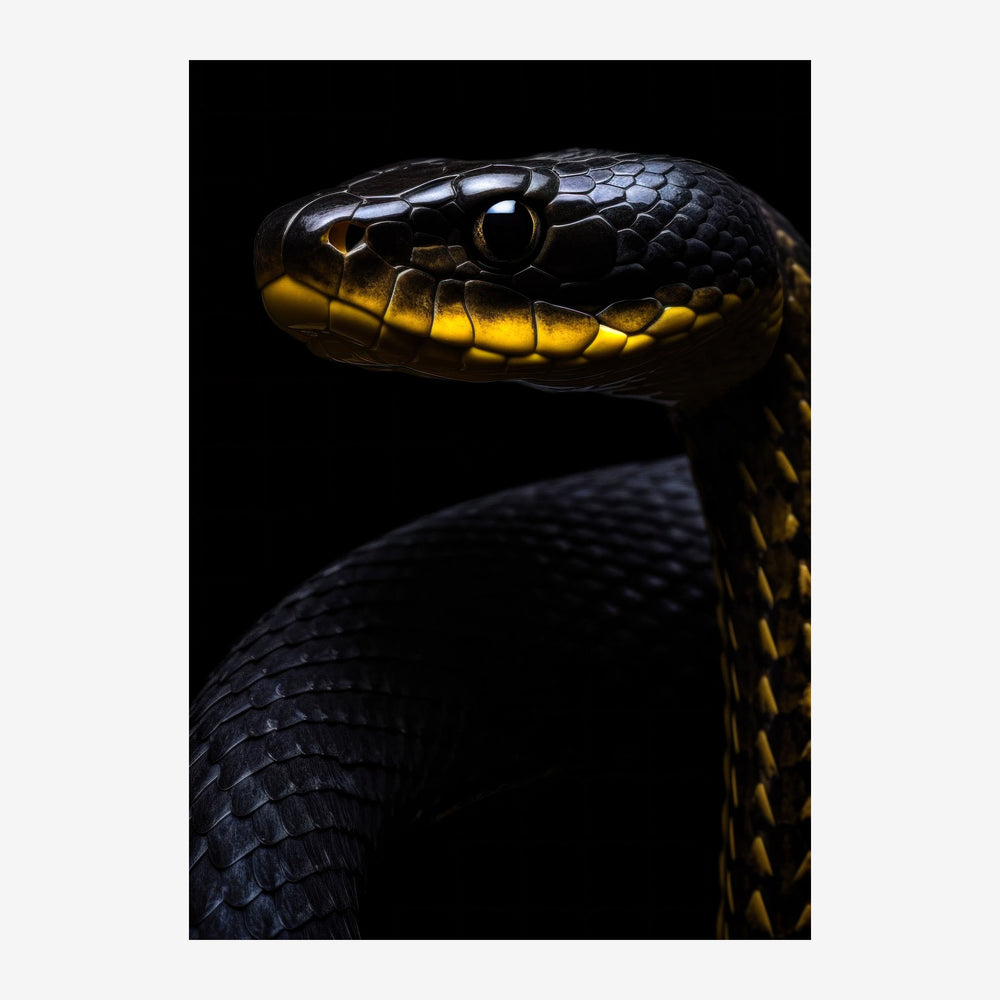 Portrait en gros plan d'un serpent noir et or sur fond noir, montrant les écailles détaillées et l'œil du reptile.