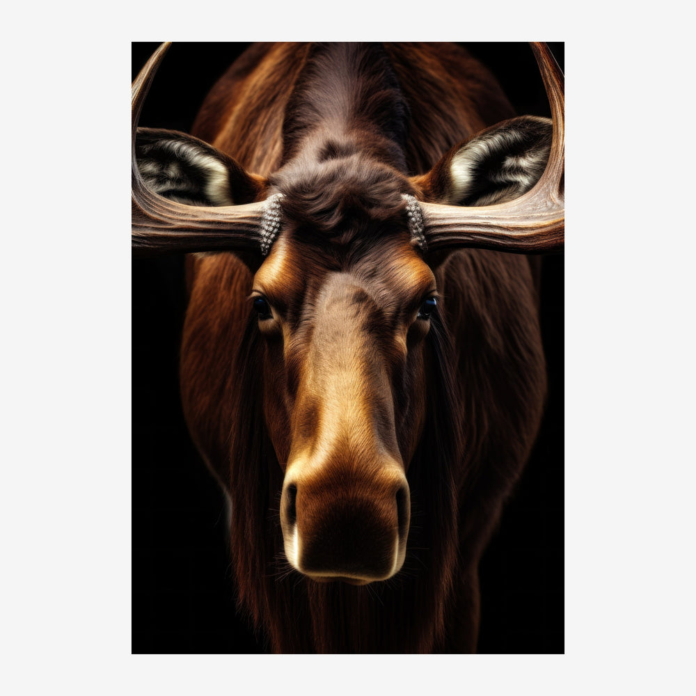 Portrait d'un élan vu de face sur fond noir, aux bois larges et symétriques, pelage brun et or.