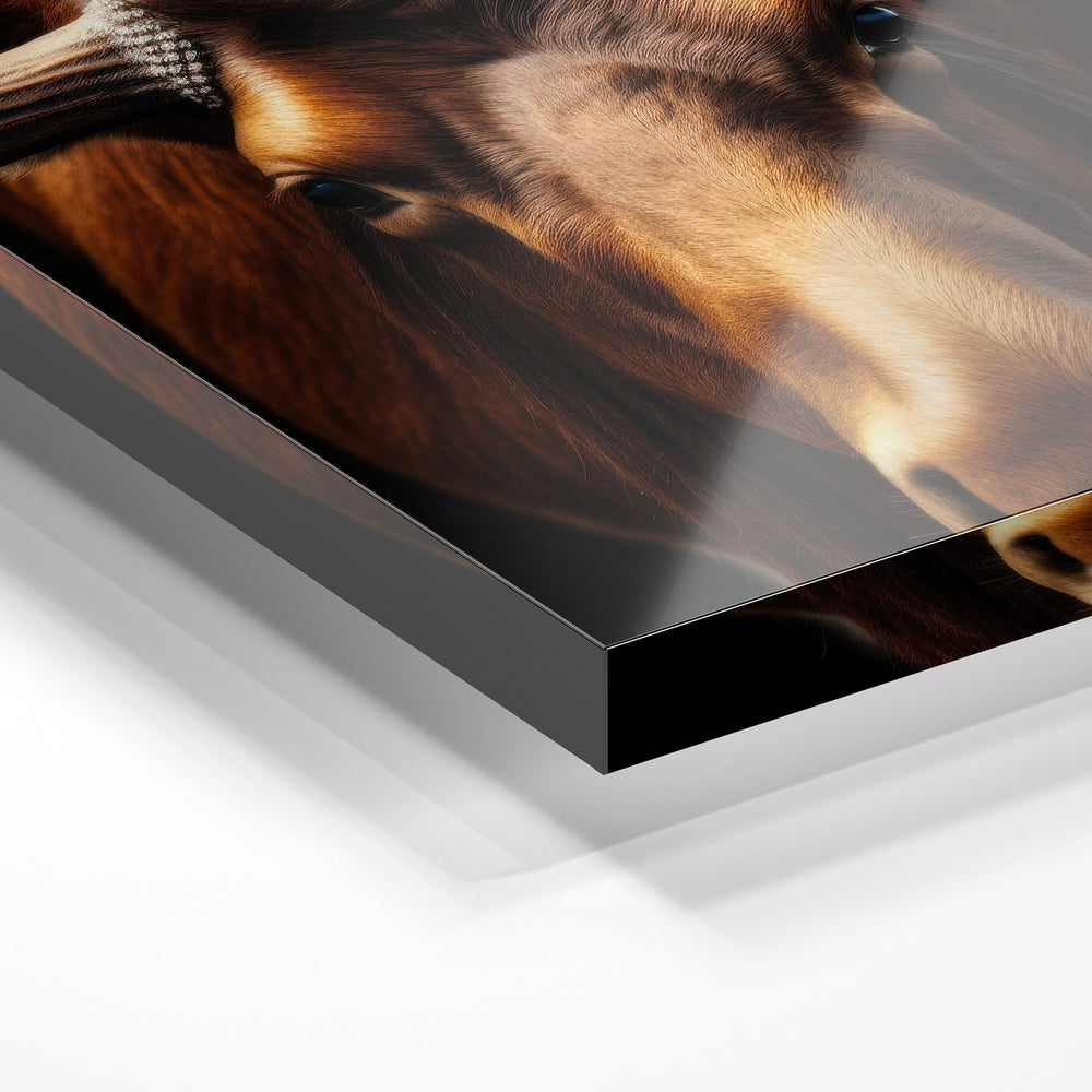Gros plan de la matière : le tirage sous verre acrylique, tranche transparente visible.