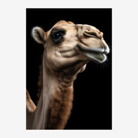 Portrait en gros plan d'un chameau de profil sur fond noir, montrant ses traits détaillés et son expression sereine.