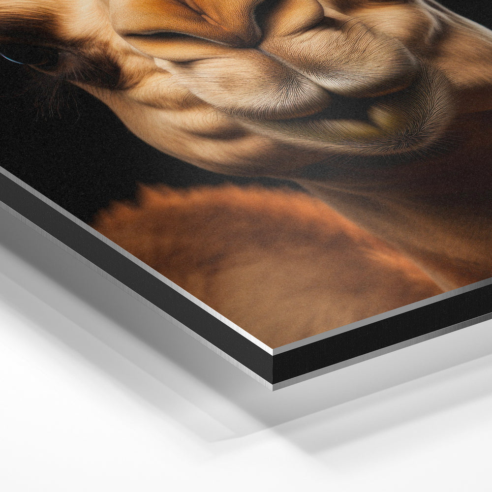 Gros plan de la matière : le tirage contrecollé sur aluminium Dibond mat, tranche visible.