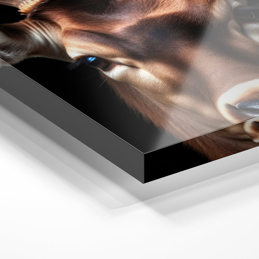 Gros plan de la matière : le tirage sous verre acrylique, tranche transparente visible.