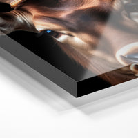 Gros plan de la matière : le tirage sous verre acrylique, tranche transparente visible.