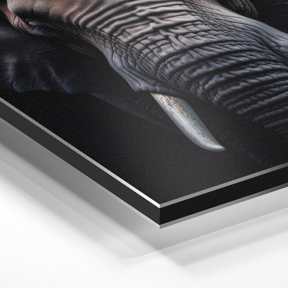 Gros plan de la matière : le tirage contrecollé sur aluminium Dibond mat, tranche visible.