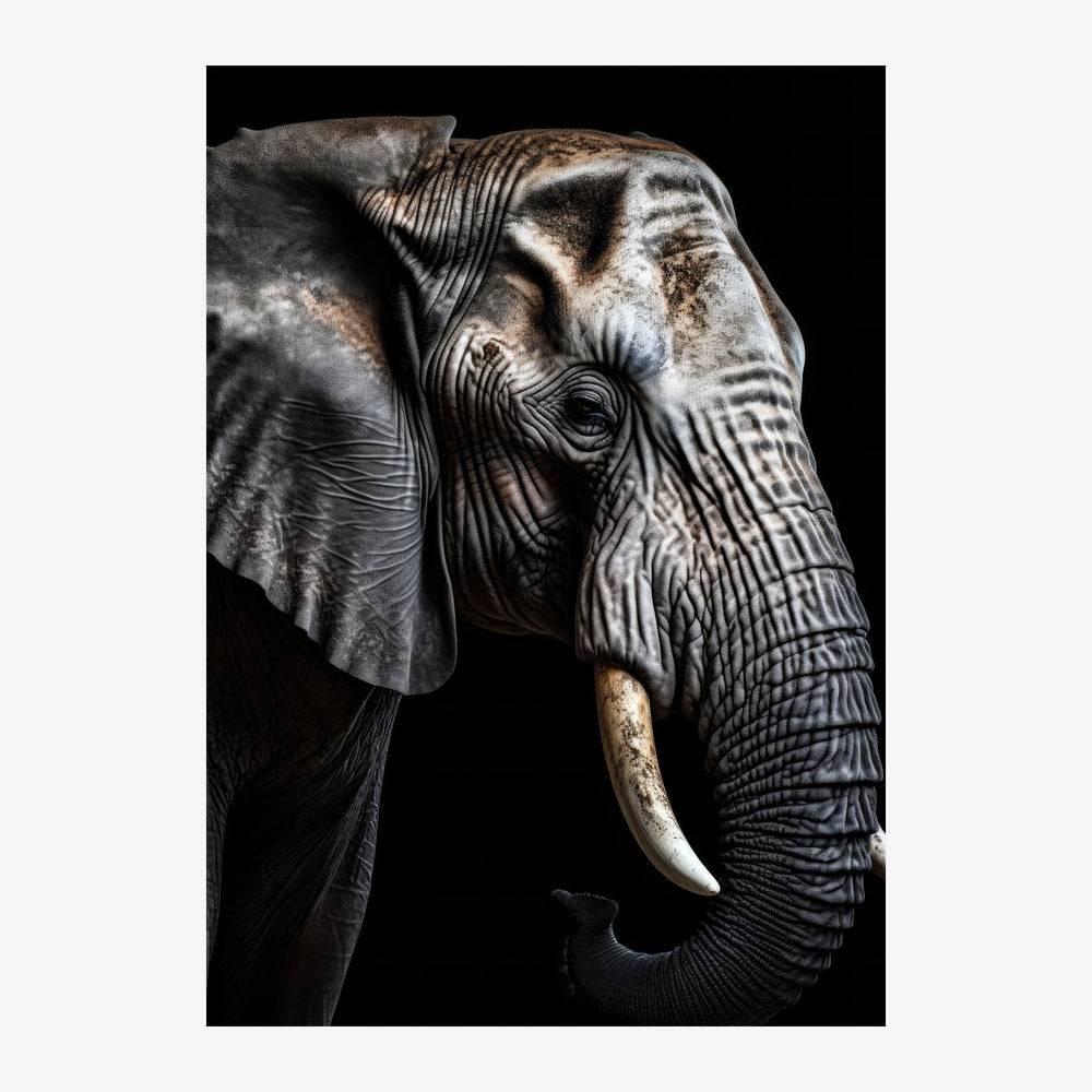 Portrait en gros plan d'un éléphant de profil sur fond noir, montrant sa tête, sa trompe et sa défense d'ivoire, avec.