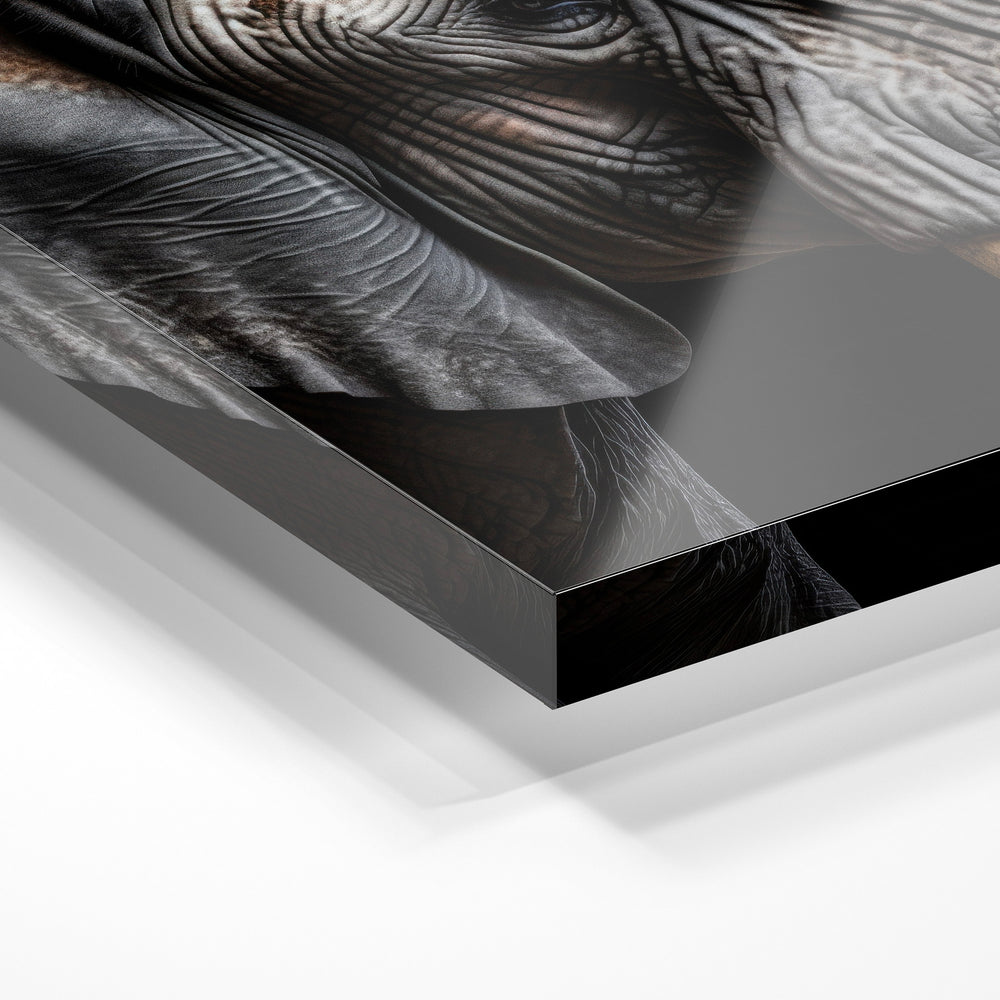 Gros plan de la matière : le tirage sous verre acrylique, tranche transparente visible.